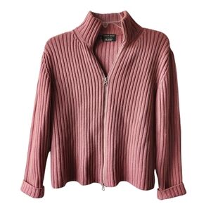 Vintage Merino Wool Cardigan Women L Dusty Rose Full Zip Mock Neck Ribbed Knit